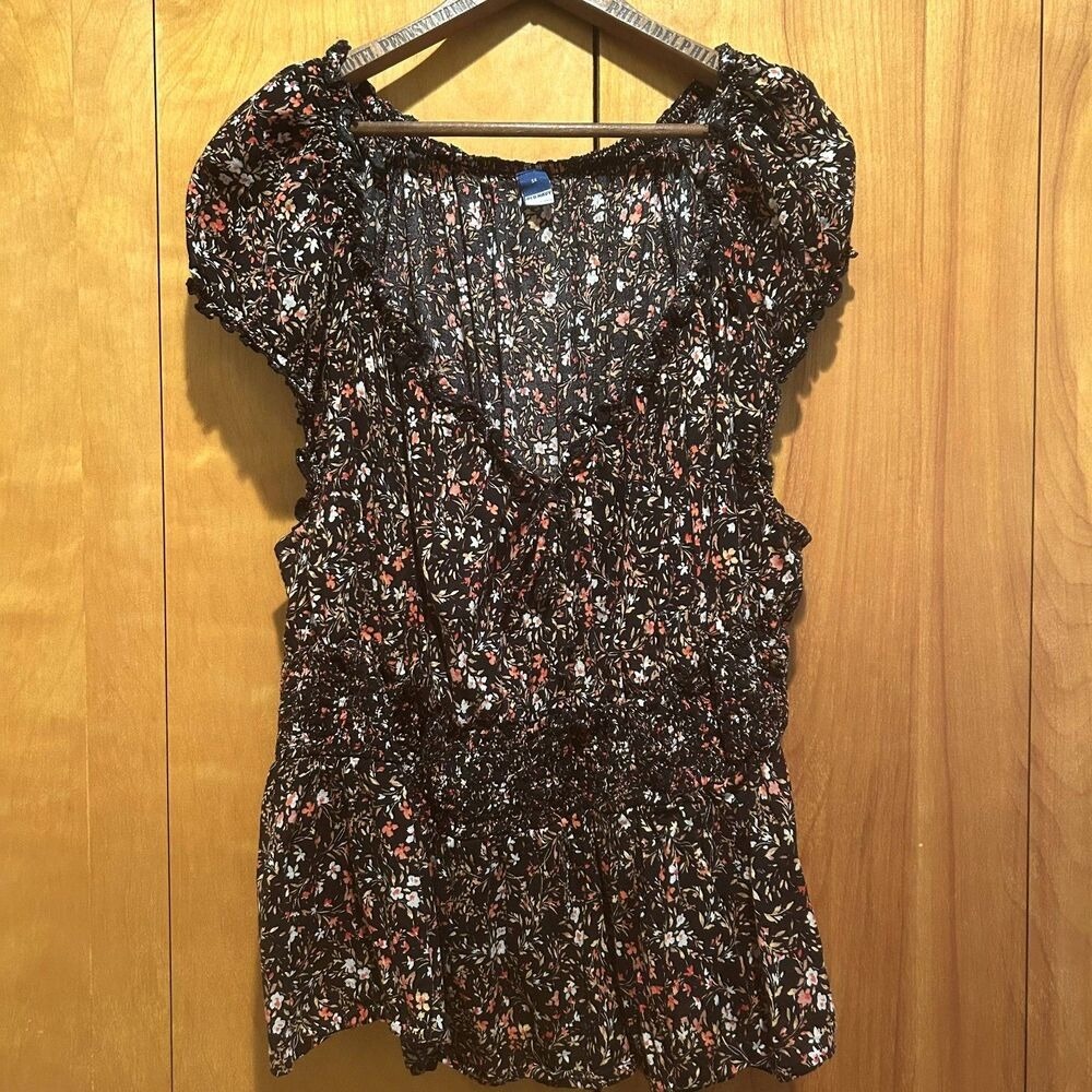 Old Navy Womens 3X Dark Floral Smocked‎ Blouse Cap Slv-Cottagecore-Milkmaid